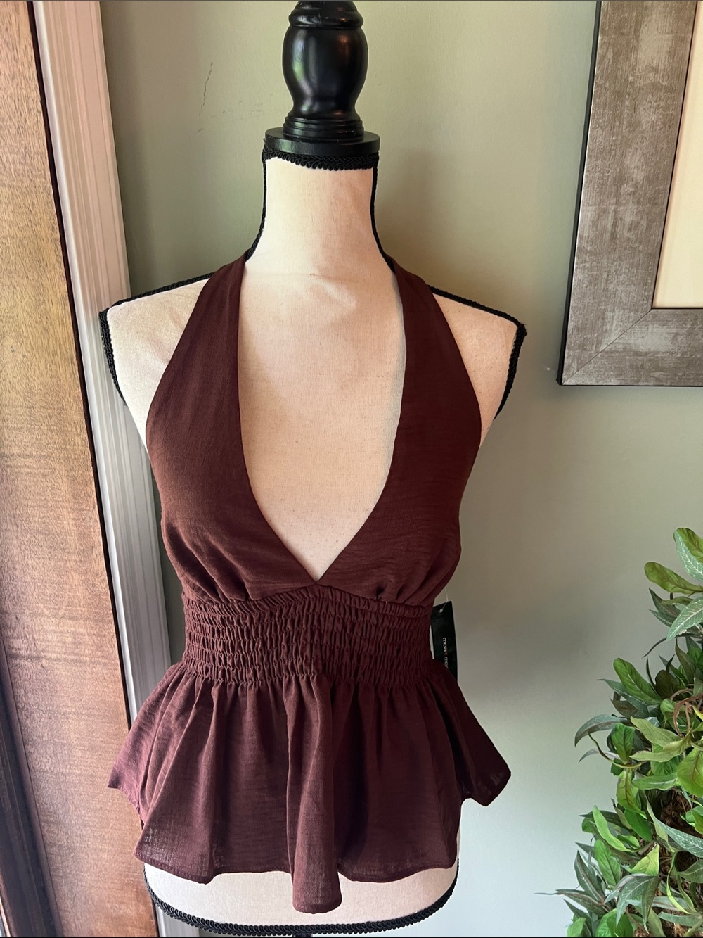 Moa Moa Smocked Peplum Halter Top in Chocolate Brown